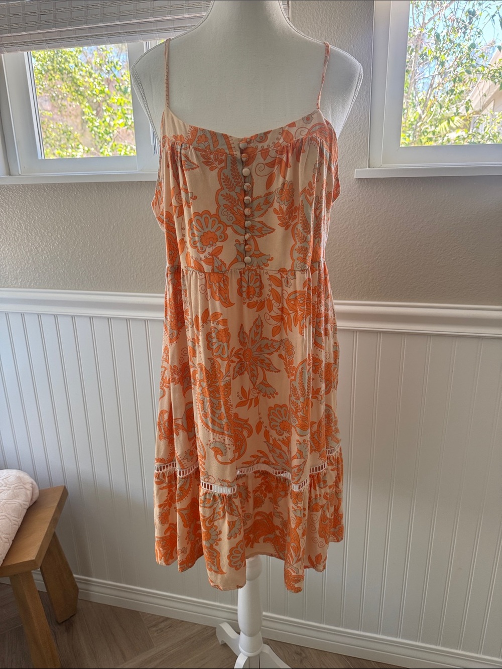 Cupshe Cream and Orange Floral Button-Front Spaghetti-Strap Mini Dress